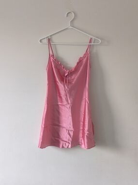 La Senza Pink Satin Lace-Trim Slip Night Dress Chemise